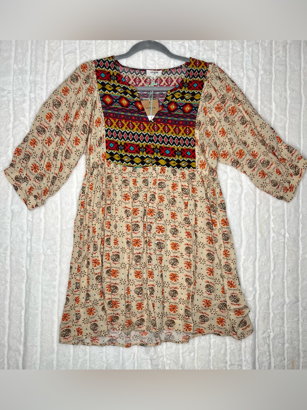 Umgee Cream Mini Dress with Multicolor Embroidered Yoke